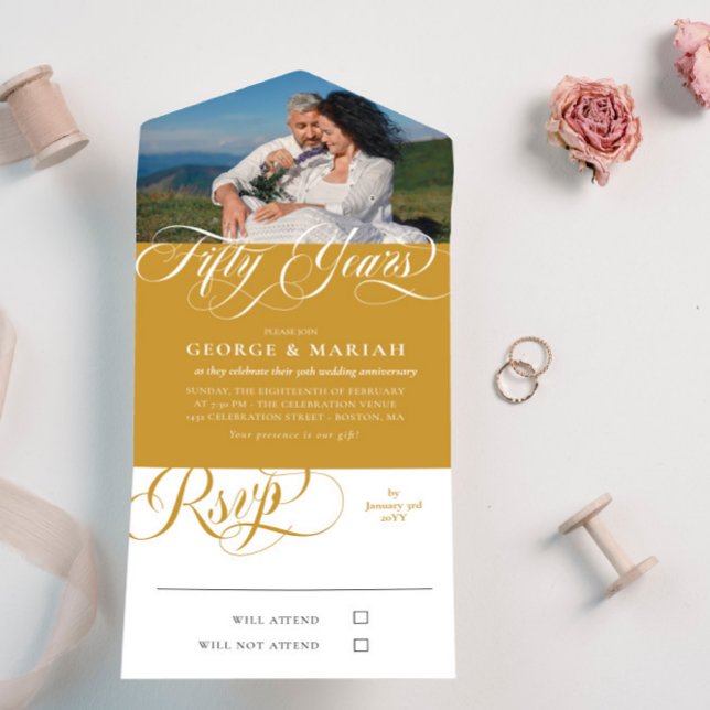 Gold White Swirls Photo 50th Wedding Anniversary All In One Invitation (Creator Uploaded)