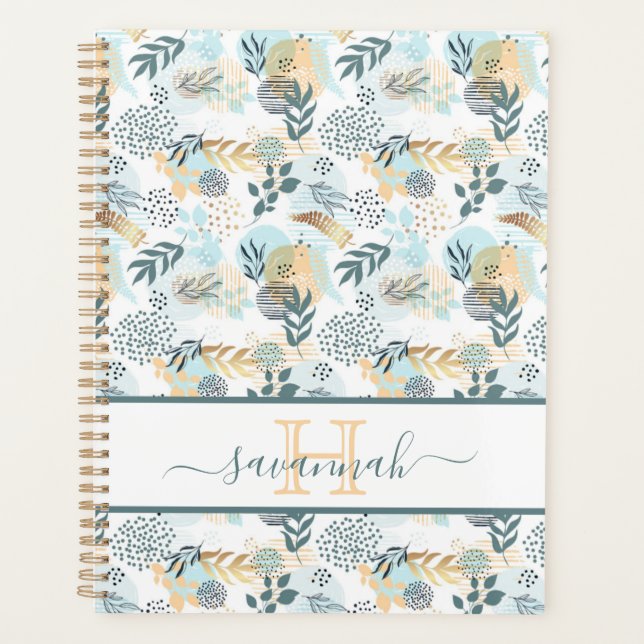 Gold white teal foliage monogram planner (Front)