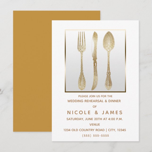 Gold White Vintage Utensils Wedding Rehearsal Invitation (Front/Back)