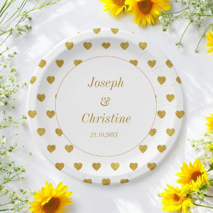 Gold White Wedding Hearts Pattern Paper Plate