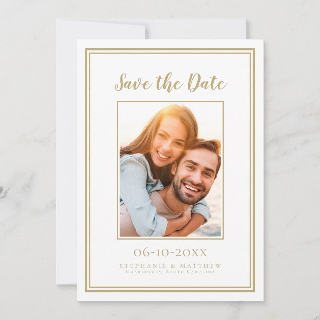 Gold & White Wedding Simple Engagement Picture  Save The Date (Front)