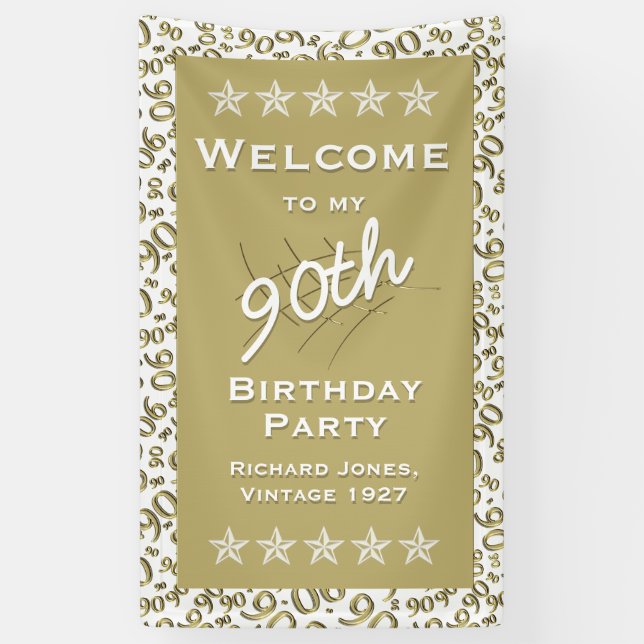 Gold/White Welcome 90th Birthday Party Banner (Vertical)