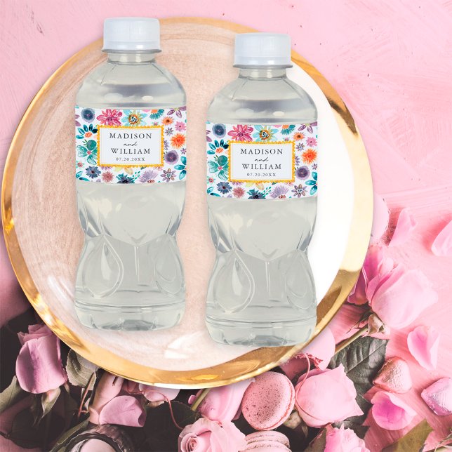 Gold White Wildflower Watercolor Spring Botanical Water Bottle Label (Creator Uploaded)