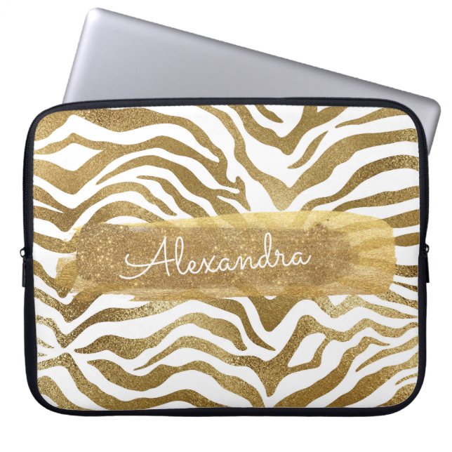 Gold & White Zebra Animal Print with Gold Glitter Laptop Sleeve (Front)