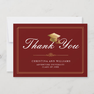 Gold  WhiteScript Grad Cap Red Graduation Thank You Card