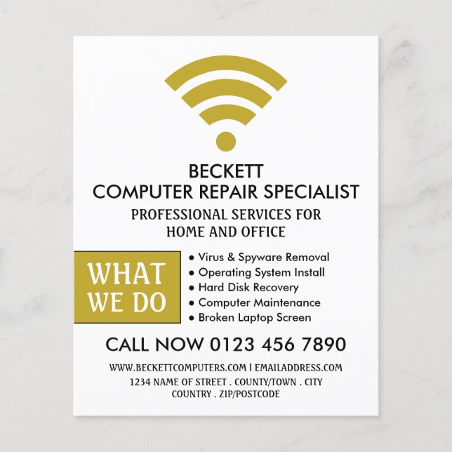Gold Wi-Fi Logo, Computer Repair Specialist Advert Flyer (Front)