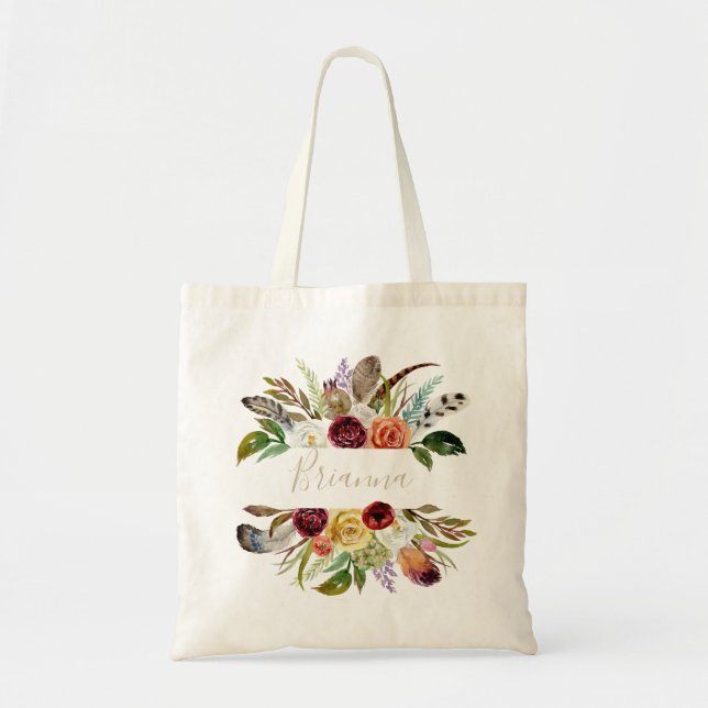 Gold Wild Feather Boho Tropical Floral Bridesmaid  Tote Bag (Front)