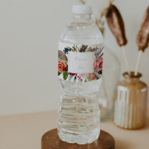 Gold Wild Feather Boho Tropical Floral Wedding  Water Bottle Label