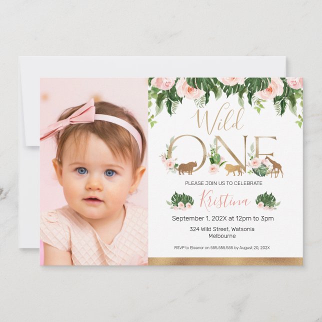 Gold Wild One Floral Safari Birthday Photo Invitation (Front)