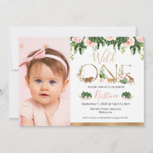 Gold Wild One Floral Safari Birthday Photo Invitation