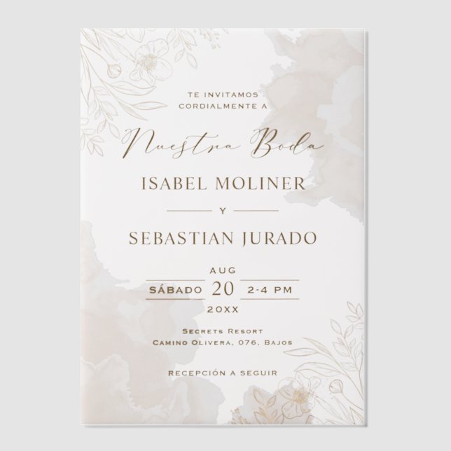 Gold Wildflower Nuestra Boda Spanish Wedding Vellum Invitations (Front)