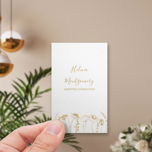 Gold Wildflower Sketch Feminine Professional Business Card (Simple elegance - vertical business card in white with gold wildflowers)