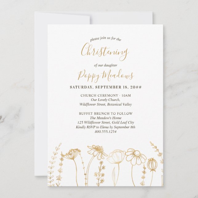 Gold Wildflower Sketch Simple Floral Christening Invitation (Front)