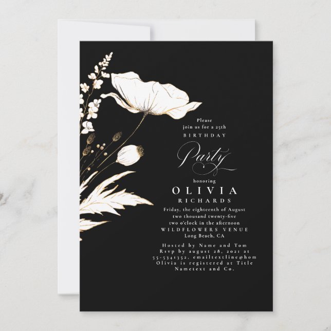 Gold Wildflowers Black and White Birthday Party Invitation (Front)