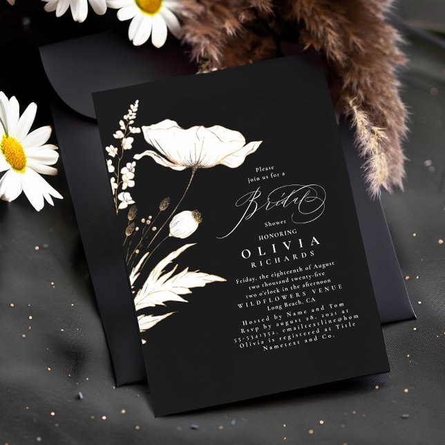 Gold Wildflowers Black Elegant Chic Bridal Shower Invitation (Wildflowers Black Bridal Shower Invitations)