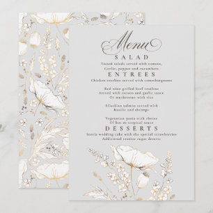Gold Wildflowers Grey and White Wedding Menu Invitation