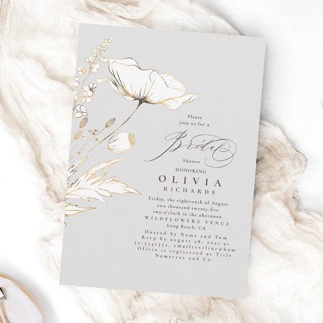 Gold Wildflowers Light Grey Chic Bridal Shower Invitation (Creator Uploaded)