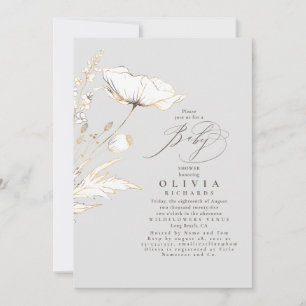 Gold Wildflowers Light Grey Elegant Baby Shower Invitation