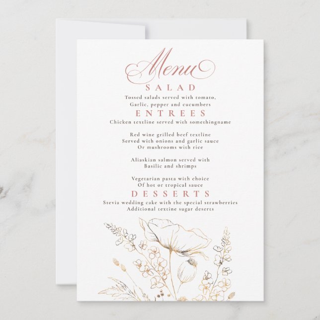 Gold Wildflowers White Wedding Menu Invitation (Front)