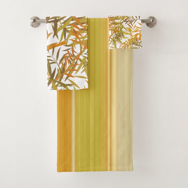 Gold Willow Leaves and sunshine stripes Bath Towel Set (Insitu)