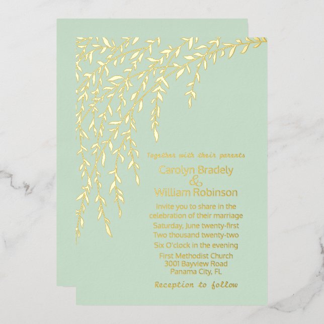 Gold Willows Mint Green Wedding Foil Invitation (Front/Back)
