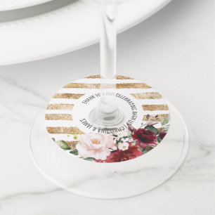 Gold Wine Blush Floral Wedding Favour Wine Glass Tag