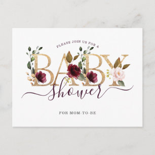 Gold Wine Burgundy Floral Baby Shower Invitation Postcard