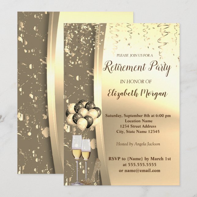 Gold Wine Glas,Ballons,High Heels Retirement Party Invitation (Front/Back)