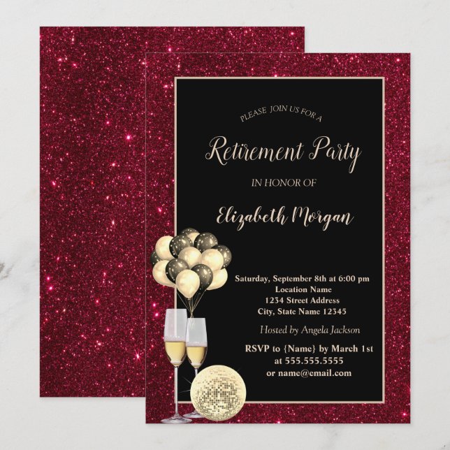 Gold Wine Glas,Ballons,Red Glitter Retirement Invitation (Front/Back)