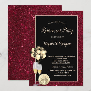 Gold Wine Glas,Ballons,Red Glitter Retirement Invitation