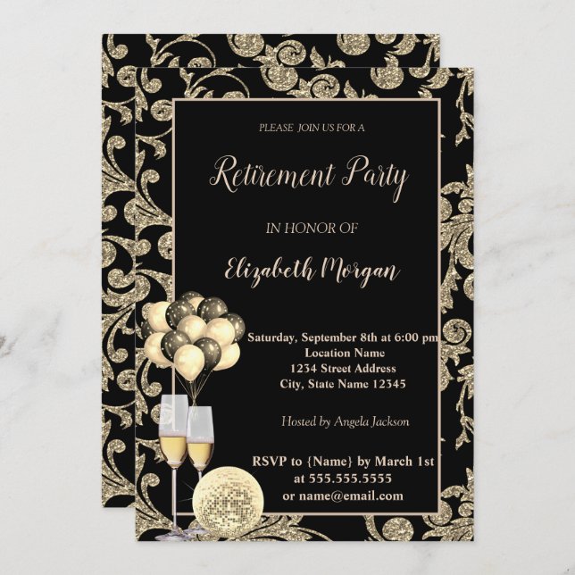 Gold Wine Glas,Ballons, Swirls  Retirement Party Invitation (Front/Back)