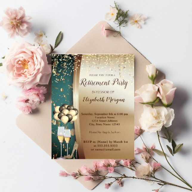Gold Wine Glas,High Heels,Ballons Retirement Party Invitation (Creator Uploaded)