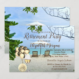 Gold Wine Glass,Ballons,Beach Retirement Party Invitation