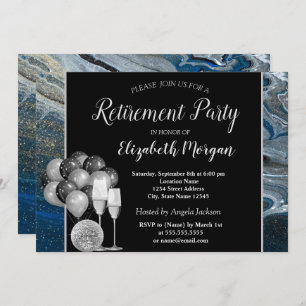 Gold Wine Glass,Ballons,Blue Marble Retirement Invitation