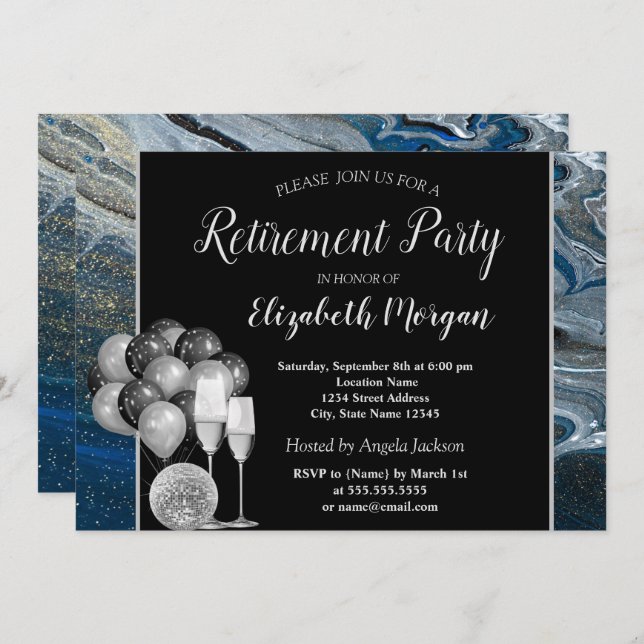 Gold Wine Glass,Ballons,Blue Marble Retirement  Invitation (Front/Back)