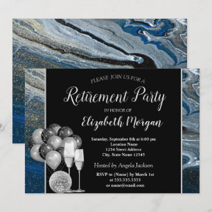 Gold Wine Glass,Ballons,Blue Marble Retirement  Invitation