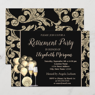 Gold Wine Glass,Ballons, Swirls  Retirement Party Invitation