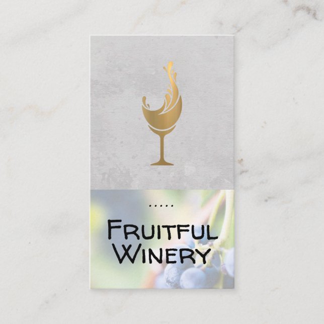 Gold Wine Glass Splash | Grapes on Vine | Winery Business Card (Front)