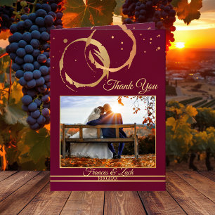 Gold Wine Wedding Photo Thank You Note Card
