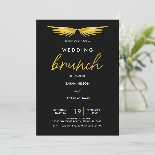 Gold Wings, Black Post Wedding Brunch Save The Date (Standing Front)