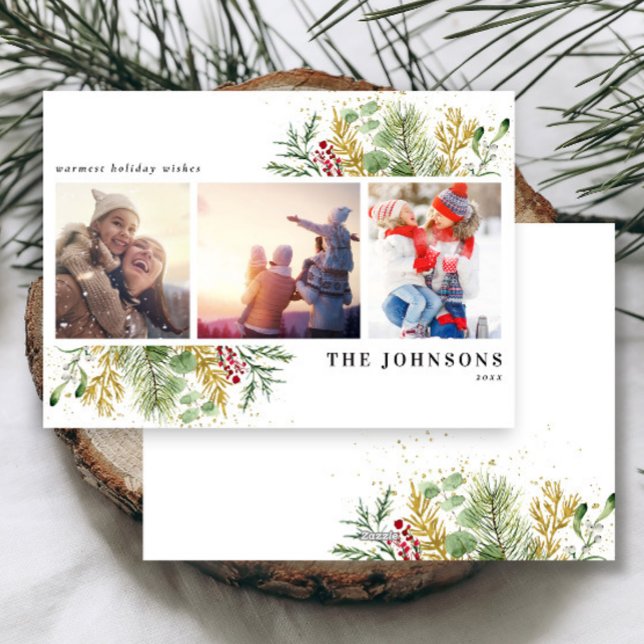 Gold Winter Botanical Greenery Berries Photo Holid Holiday Card (Creator Uploaded)