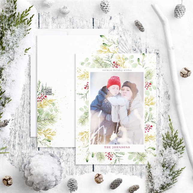 Gold Winter Botanical Greenery Berries Photo Holiday Card (Creator Uploaded)