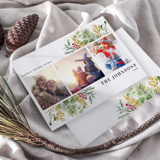 Gold Winter Botanical Greenery Berries Photo Holiday Card (Creator Uploaded)