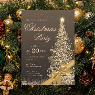 Gold Winter Christmas Tree Bow Holiday Party  Invitation