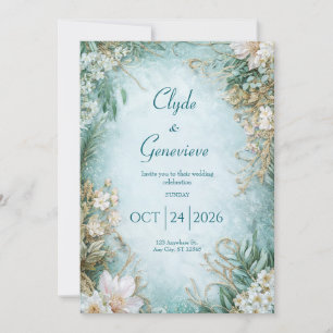 Gold Winter Floral Sage Green Powder Blue Wedding Invitation