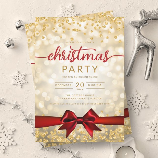 Gold Winter Glam Company Xmas Red Ribbon Invitation (Gold Winter Glam Company Xmas Red Ribbon Invitation)