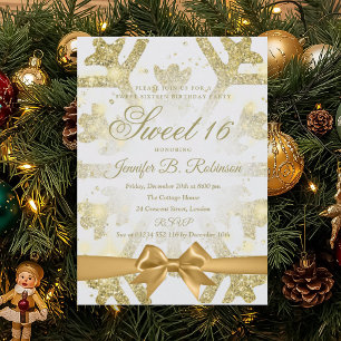 Gold Winter Glitter Bow Sweet 16 Birthday Party Invitation