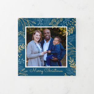 Gold Winter Greenery Dark Blue 4 Photo Christmas Tri-Fold Holiday Card