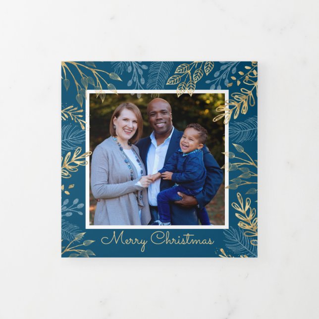 Gold Winter Greenery Dark Blue 4 Photo Christmas Tri-Fold Holiday Card (Cover)