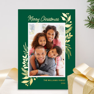 Gold Winter Greenery Green Photo Christmas Foil Holiday Card